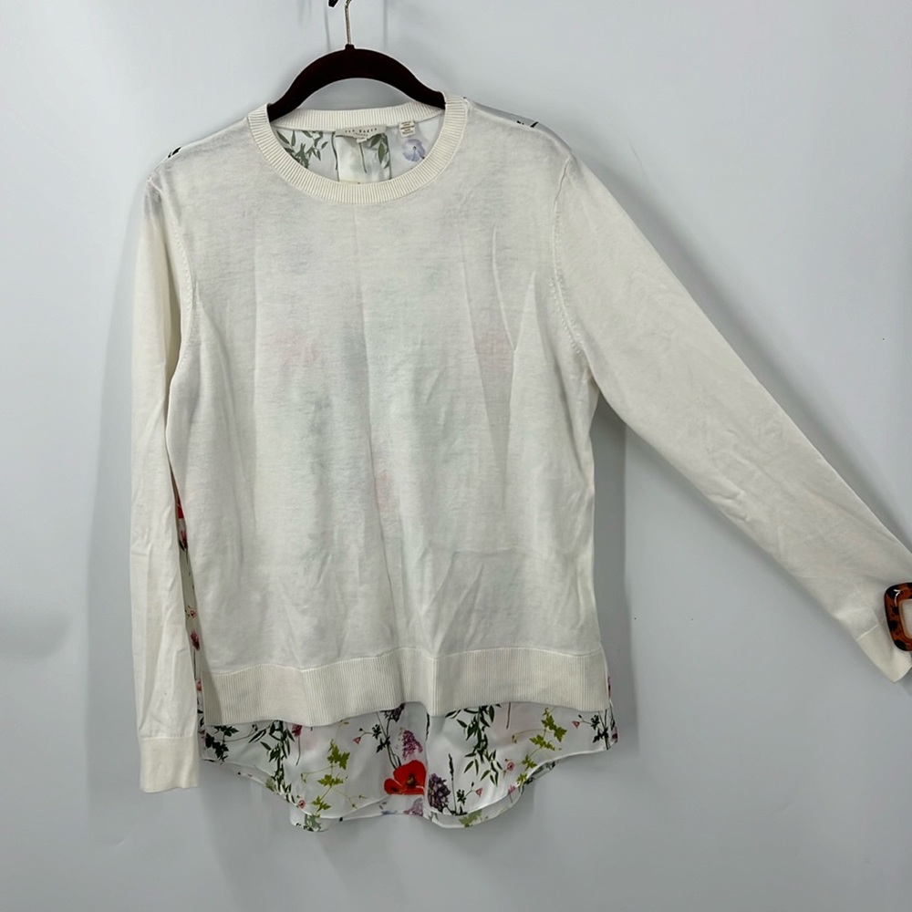 Ted Baker floral Mixed Media layered look Sweater top in cream - size 3 US M